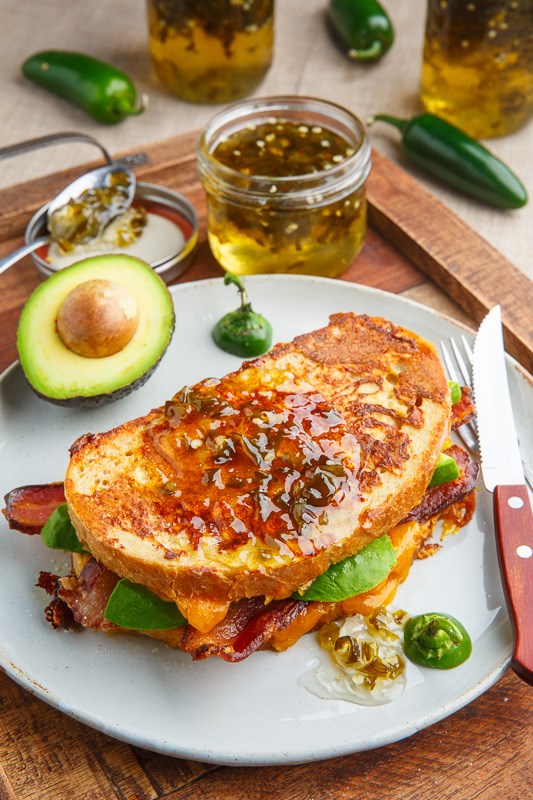 Bacon and avocado Monte Cristo sandwich with jalapeno jelly