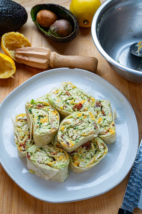 Bacon and cheddar avocado chicken salad roll-ups