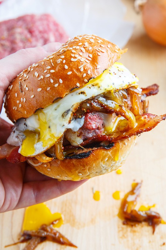 Bacon and cheese corned beef burgers with Guinness caramelized onions and a fried egg