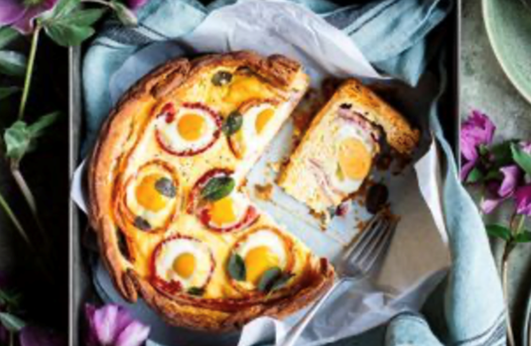 Bacon and egg pie with sage-leaf pastry