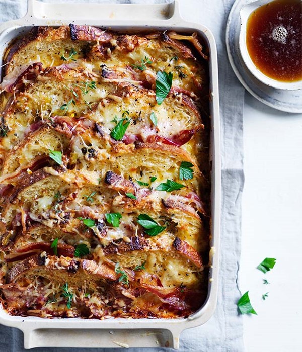 Bacon and egg pudding with salted maple
