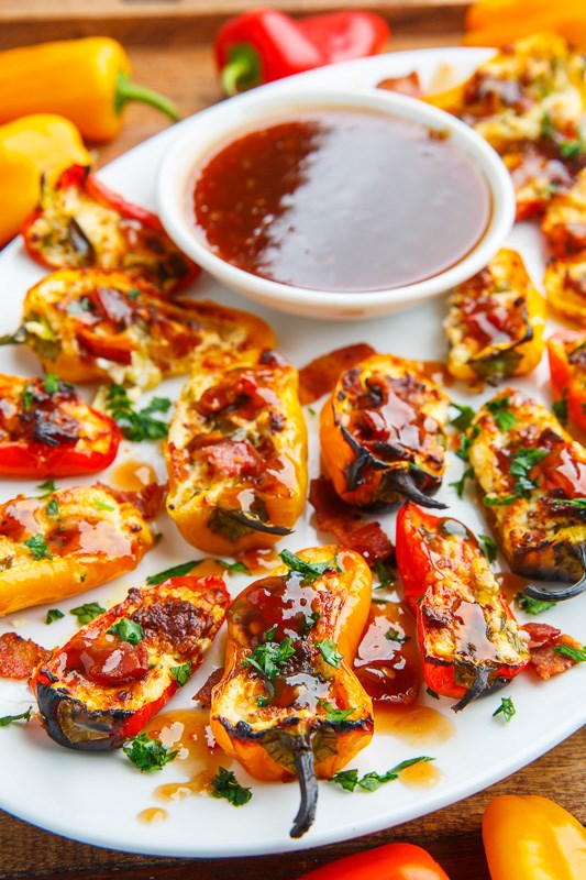 Bacon and goat cheese stuffed mini peppers with balsamic sweet chili sauce