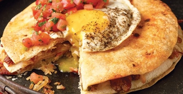 Bacon and hash brown "quesadilla" with eggs