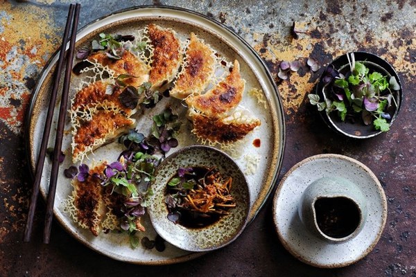 Bacon and kimchi pot stickers