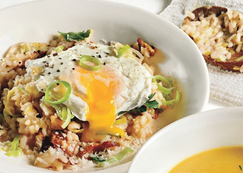 Bacon and leek risotto with poached egg