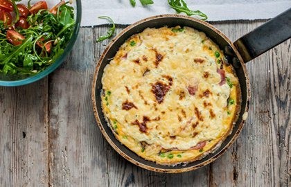 Bacon and pea omelette with cheese glaze