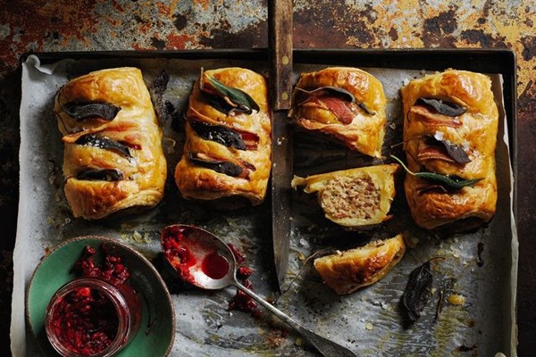 Bacon and pork sausage rolls, beetroot Sriracha ketchup