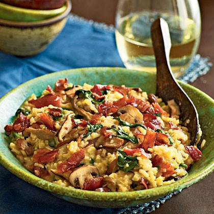 Bacon and wild mushroom risotto with baby spinach