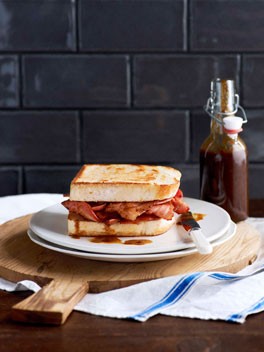 Bacon butties on white bread with homemade HP