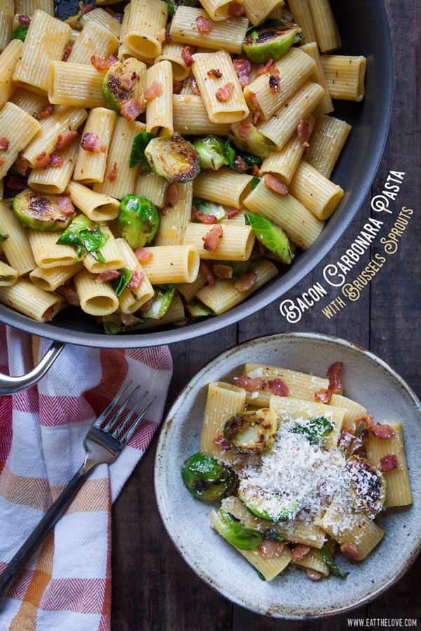 Bacon carbonara pasta with Brussels sprout