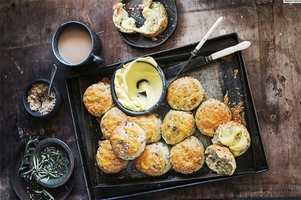 Bacon, cheddar & herb scones with quick cultured butter [Warren Mendes]