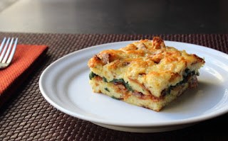 Bacon, cheddar and spinach strata