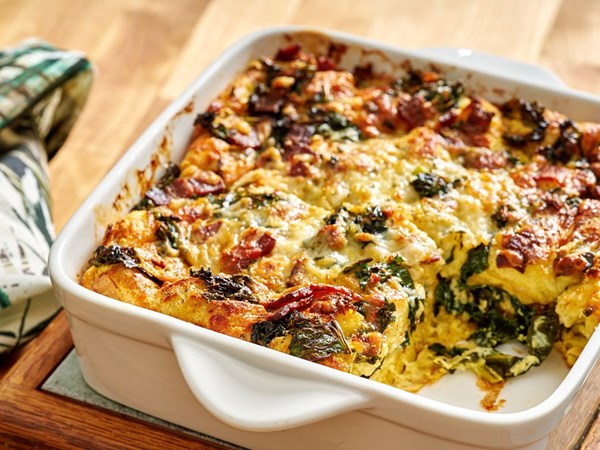 Bacon, cheese, and kale strata