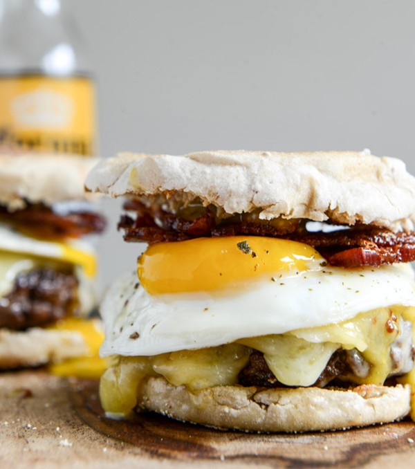 Bacon cheeseburgers with a fried egg + maple aioli