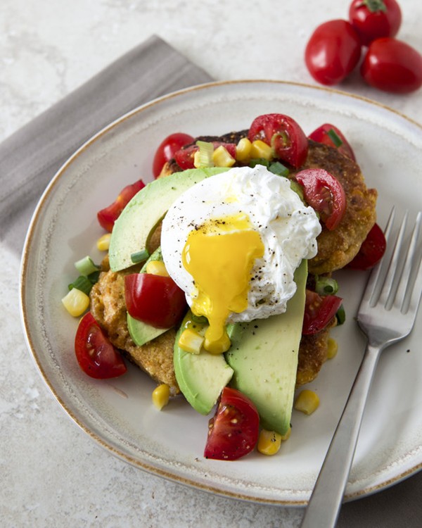 Bacon, egg and avocado corn cakes