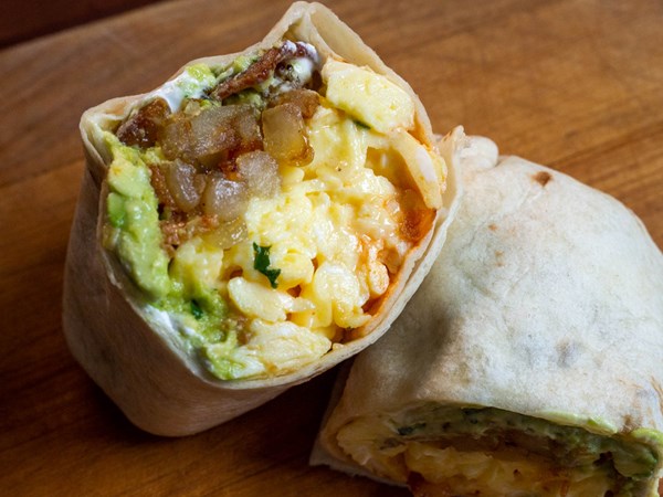 Bacon, egg, and cheese breakfast burrito