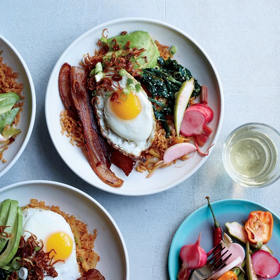 Bacon fried rice with avocado and fried eggs