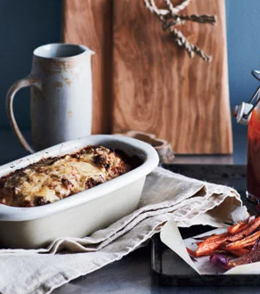 Bacon-Gruyère meat loaf with roasted carrots and onions