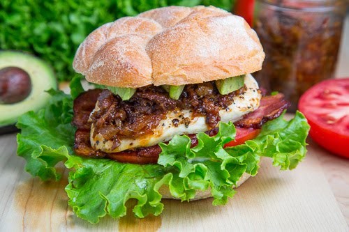 Bacon jam chicken club sandwich with avocado and chipotle mayo