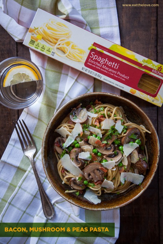 Bacon, mushroom & peas pasta