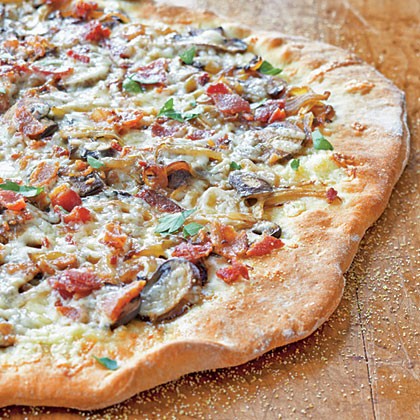 Bacon, onion, and mushroom pizza