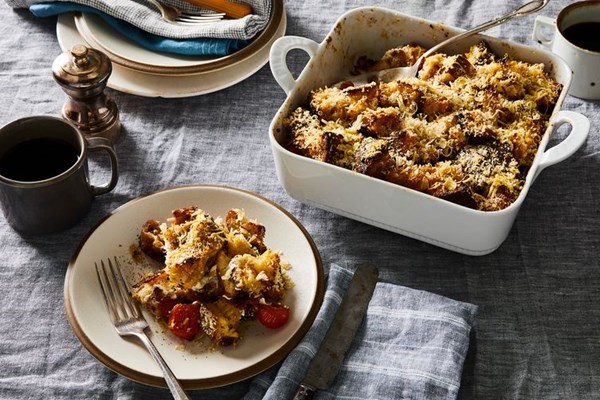 Bacon, Parmesan, and cherry tomato strata