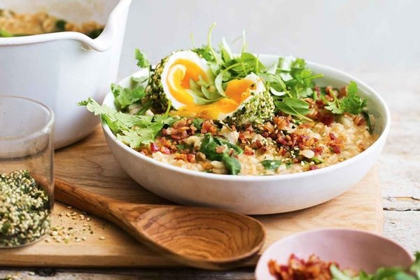 Bacon porridge with soft-boiled eggs