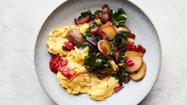 Bacon, potato, and Swiss chard scramble