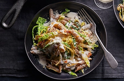 Bacon, Savoy cabbage & caraway pasta