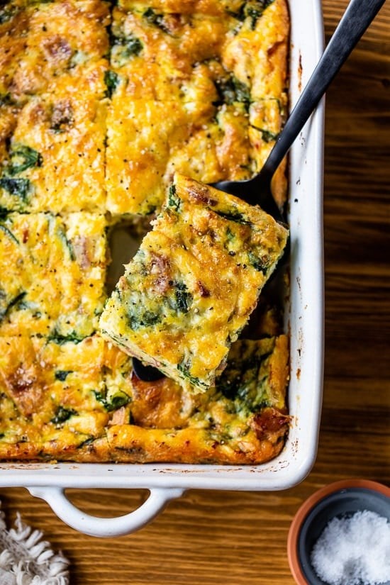 Bacon spinach breakfast casserole with Gruyère cheese