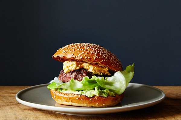 Bacon-stuffed burgers with pimento cheese and avocado
