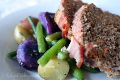 Bacon-topped meatloaf with Gemstone potato-green bean "salad"