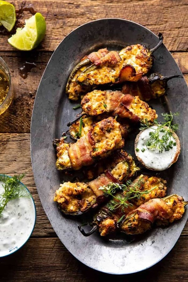 Bacon wrapped cheddar corn jalapeño poppers with cilantro lime ranch