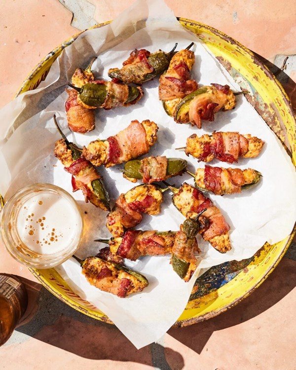 Bacon wrapped cheesy chorizo stuffed jalapeños