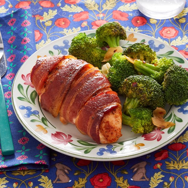 Bacon-wrapped chicken with garlicky broccoli