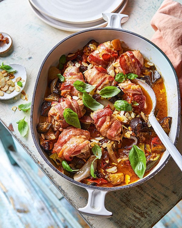 Bacon-wrapped chicken with roast caponata