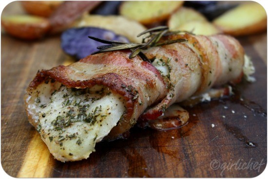 Bacon-wrapped cod with rosemary and roasted fingerling potatoes