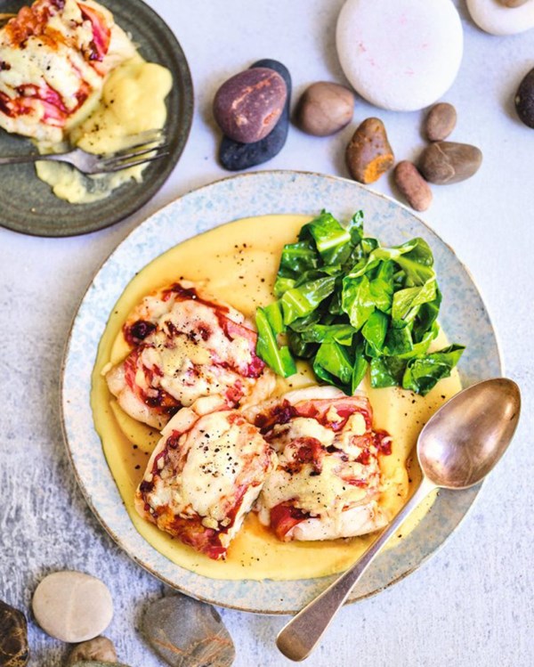 Bacon-wrapped coley with cheesy polenta