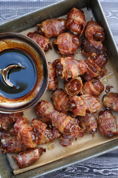 Bacon-wrapped dates stuffed w/ blue cheese & smoked almonds
