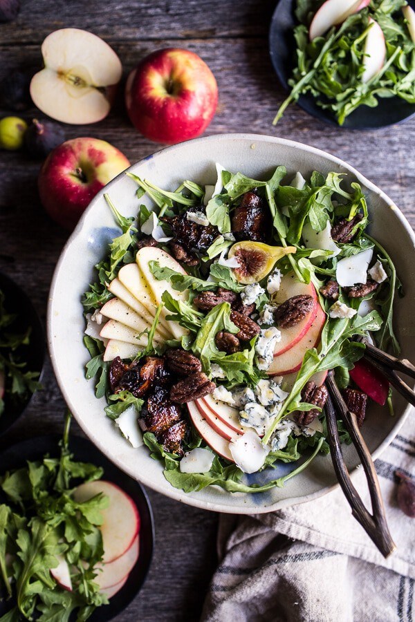 Bacon wrapped fig and Honeycrisp apple salad with salted caramel pecans