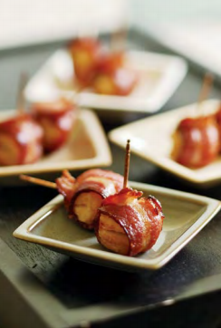 Bacon-wrapped ginger-soy scallops