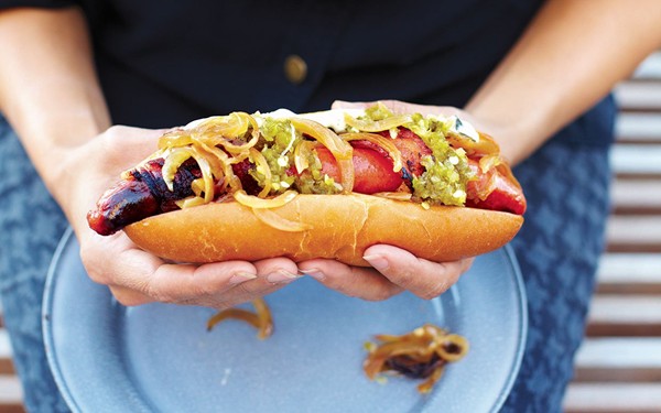 Bacon-wrapped hot dogs with jalapeño-cucumber relish
