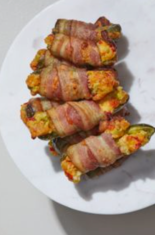 Bacon-wrapped jalapeño poppers stuffed with pimento cheese