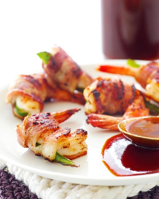 Bacon-wrapped jalapeño shrimp with cherry cola BBQ sauce