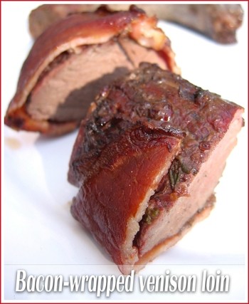 Bacon-wrapped loin of venison
