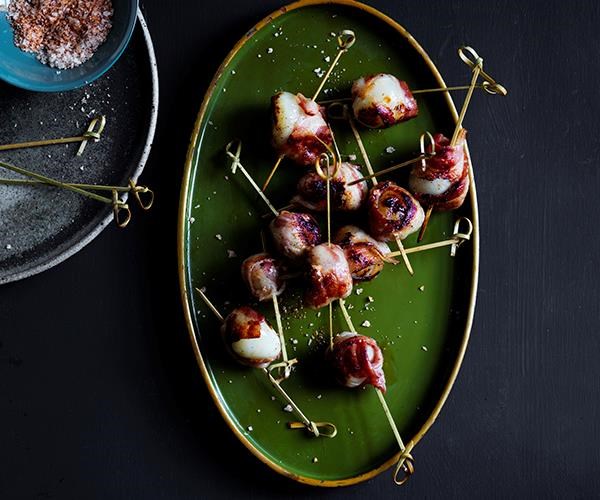 Bacon-wrapped lychees with chilli salt