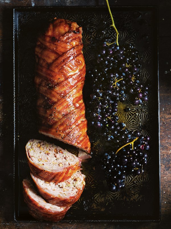 Bacon-wrapped meatloaf with quince glaze