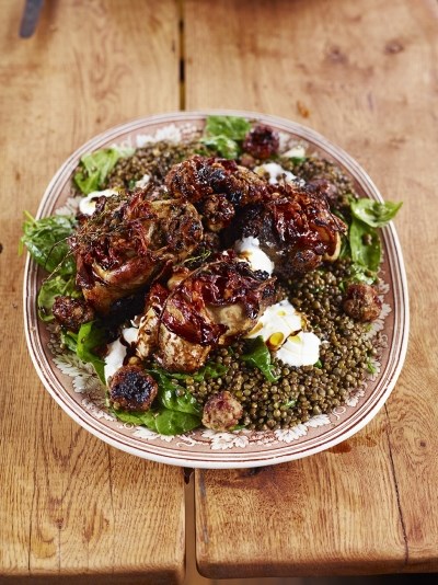 Bacon-wrapped roast partridge, pork stuffing and lentils