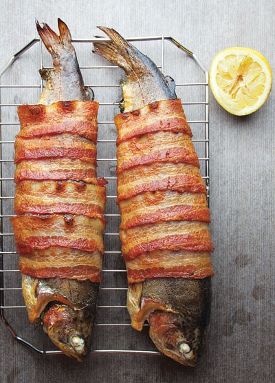 Bacon-wrapped smoked trout with tarragon