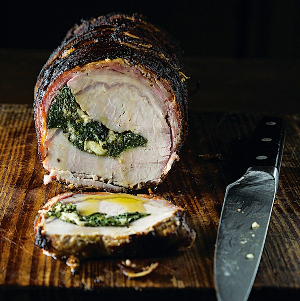 Bacon-wrapped stuffed pork loin